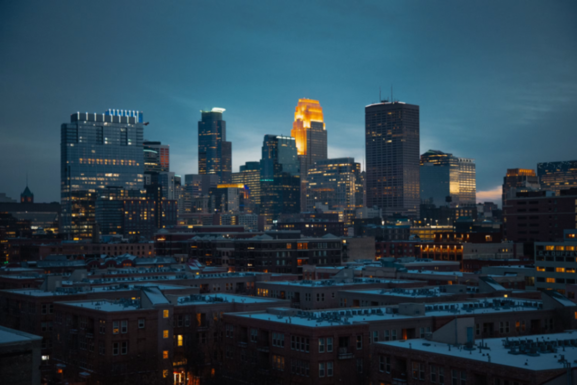 Minneapolis skyline at dusk with the Foshay Tower lit in gold